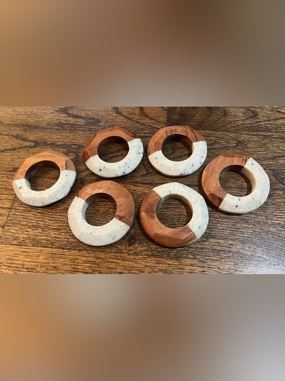 Set of 6 Wood & Stone Napkin Rings Faceted Two-Tone Boho Rustic Table Decor